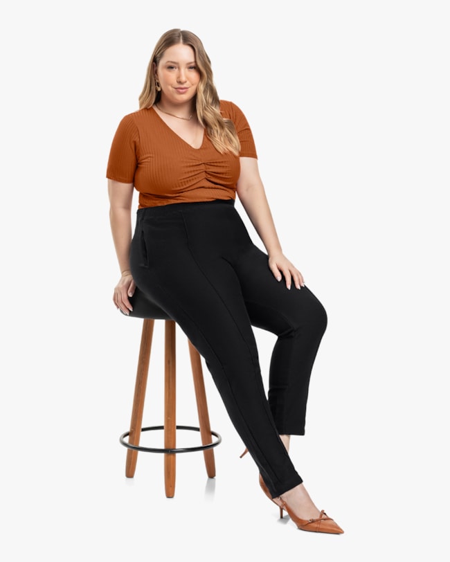 Blusa Plus Size Canelada com Decote Franzido - Cereja Rosa - Inca-63686a73-2b4a-4bbb-ab9f-37b67951dace