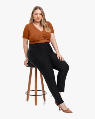 Blusa Plus Size Canelada com Decote Franzido - Cereja Rosa - Inca-G