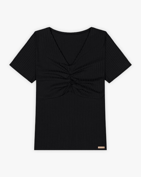 Blusa Plus Size Canelada com Decote Franzido - Cereja Rosa - Preto