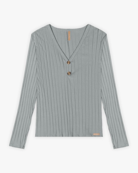 Blusa Plus Size Canelada com Decote V e Botões - Cereja Rosa - Cinza