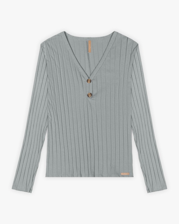 Blusa Plus Size Canelada com Decote V e Botões - Cereja Rosa - Cinza