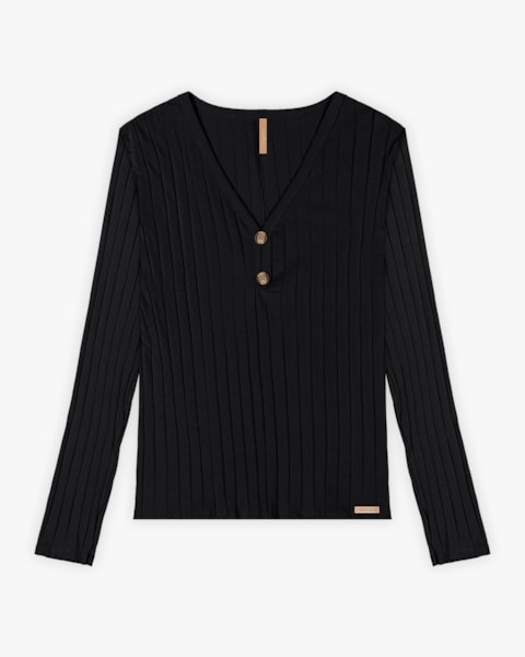 Blusa Plus Size Canelada com Decote V e Botões - Cereja Rosa - Preto