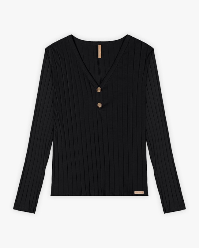 Blusa Plus Size Canelada com Decote V e Botões - Cereja Rosa - Preto-2fbc3b19-92f8-4273-8e1b-babc009d2206