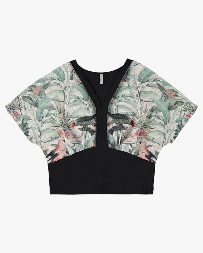 Blusa Plus Size Canelada com Recortes Estampado - Cereja Rosa - Preto P-4f1b1990-56be-42ff-a4a4-d09969e28132