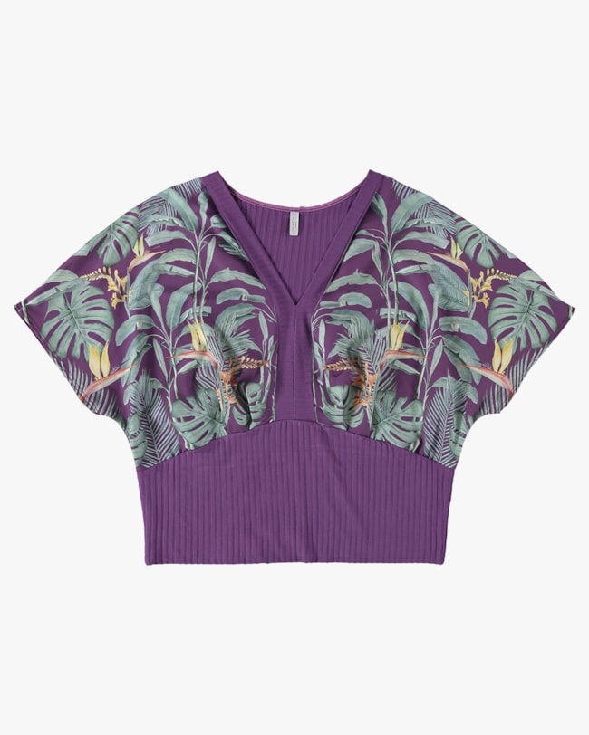 Blusa Plus Size Canelada com Recortes Estampado - Cereja Rosa - Roxo P-08ab0550-64f2-4de2-92fd-28d45cb8654c