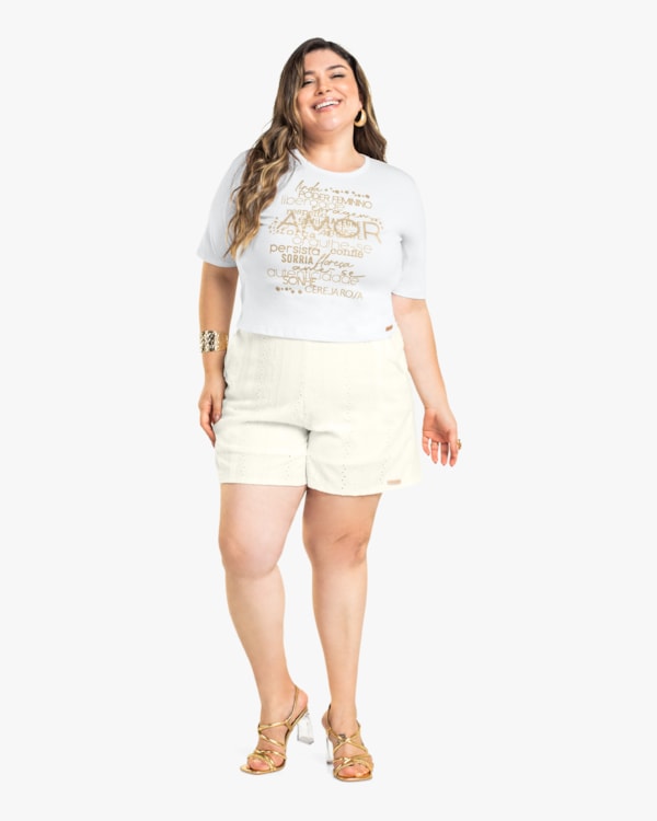 Blusa Plus Size com Estampa Metalizada Cereja Rosa Branco