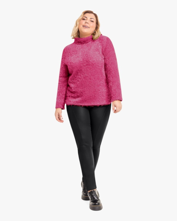 Blusa Plus Size com Gola Alta em Tricô Cereja Rosa Babalu
