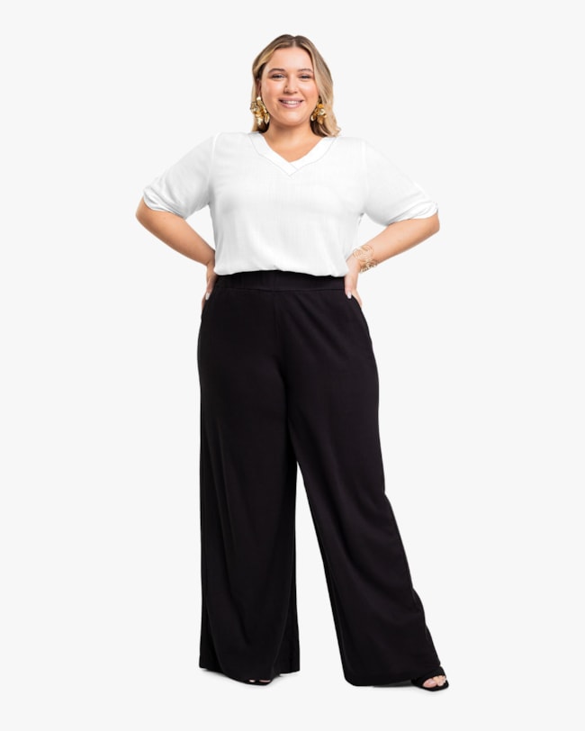 Blusa Plus Size Decote V com Mangas Dobradas - Cereja Rosa- Branco-419db8ab-7cbb-4431-bd25-dab680620907