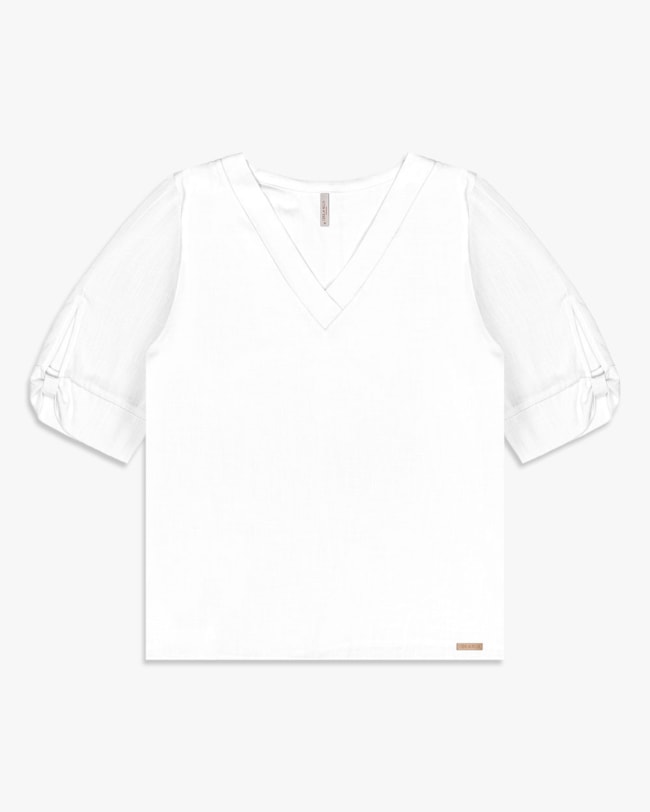 Blusa Plus Size Decote V com Mangas Dobradas - Cereja Rosa- Branco-995325d5-3371-45db-b08e-f9ff096ed72e