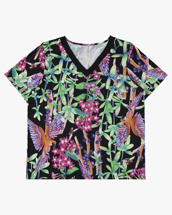 Blusa Plus Size Estampada com Retilínea - Cereja Rosa - Preto P