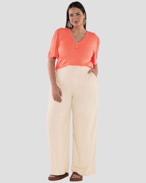 Blusa Plus Size Feminina com Manga Ampla e Botões - Cereja Rosa - Mango