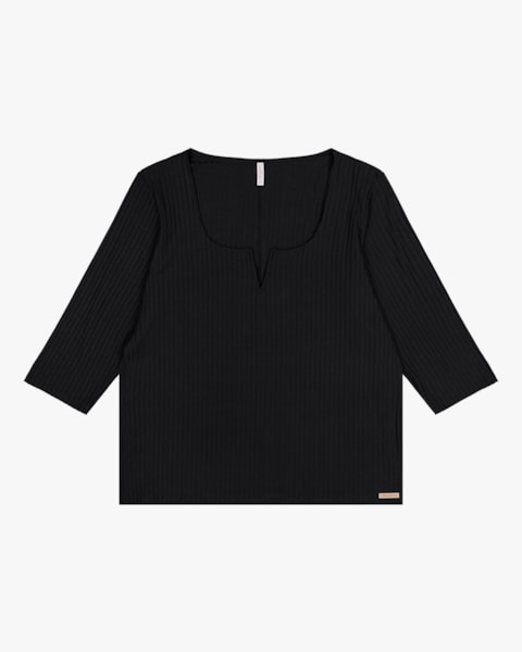 Blusa Plus Size Manga 3/4 em Canelado Cereja Rosa Preto