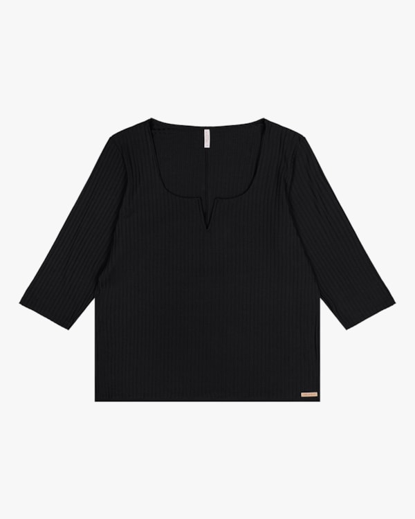 Blusa Plus Size Manga 3/4 em Canelado Cereja Rosa Preto