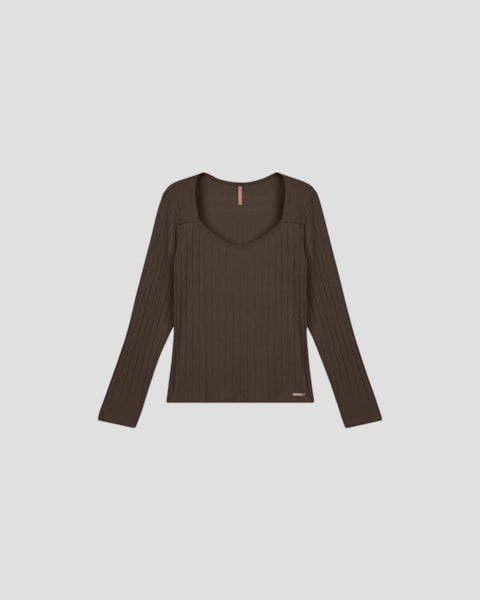 Blusa Plus Size Manga Longa Canelada - Cereja Rosa - Marrom