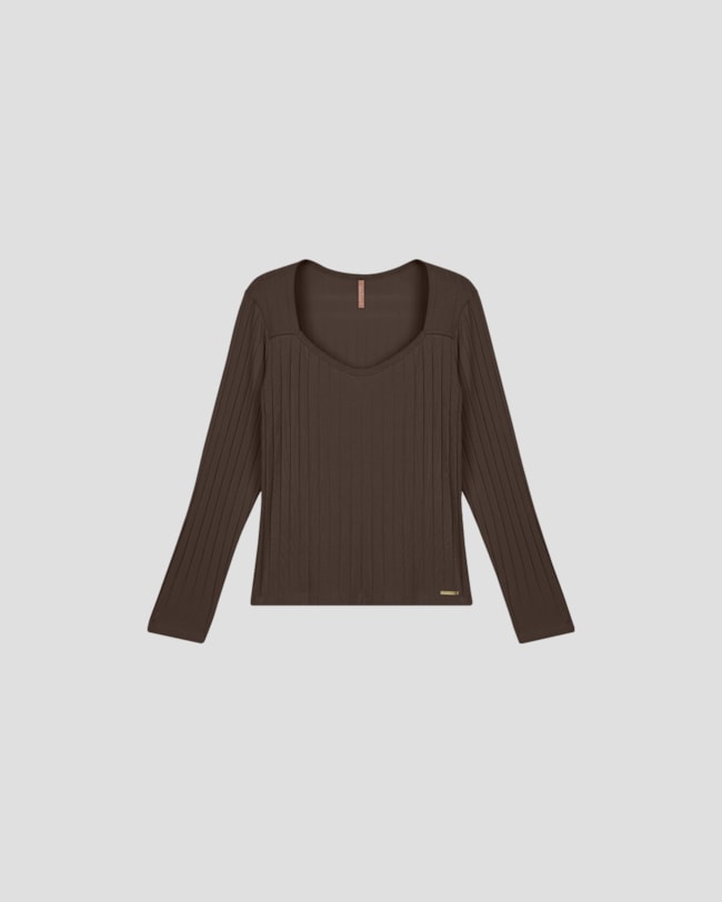 Blusa Plus Size Manga Longa Canelada - Cereja Rosa - Marrom-93fb2e11-ccb7-4e31-b92f-05dc84434bb4