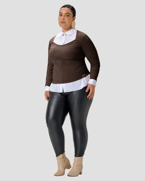 Blusa Plus Size Manga Longa Canelada - Cereja Rosa - Marrom