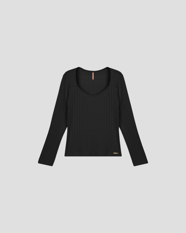 Blusa Plus Size Manga Longa Canelada - Cereja Rosa - Preto-d24d94e5-0770-440f-a8bb-af80d57e1254