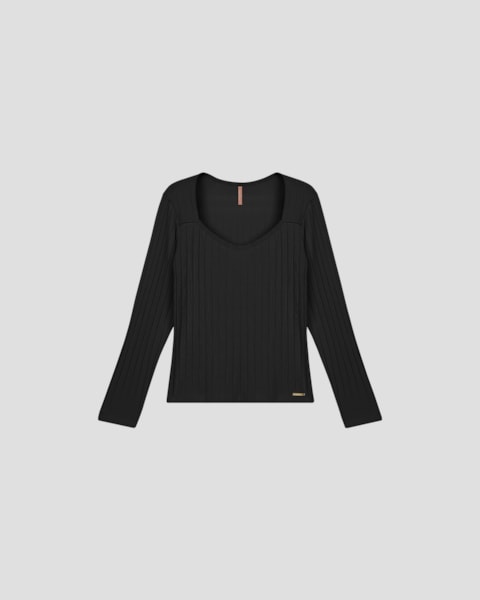 Blusa Plus Size Manga Longa Canelada - Cereja Rosa - Preto