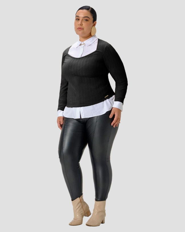 Blusa Plus Size Manga Longa Canelada - Cereja Rosa - Preto-eadb2204-8920-45e4-90e8-3faa7adeb3c5