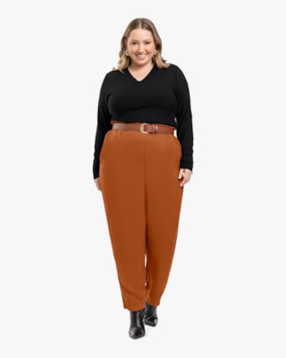 Blusa Plus Size Manga Longa Canelada com Decote V  - Cereja Rosa - Plus Size