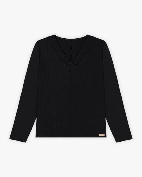 Blusa Plus Size Manga Longa Canelada com Decote V  - Cereja Rosa - Plus Size