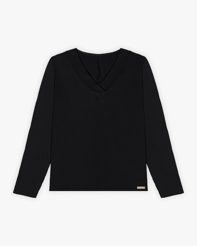 Blusa Plus Size Manga Longa Canelada com Decote V  - Cereja Rosa - Plus Size-b4927090-39ae-4e3d-94ec-222a1f6bba94