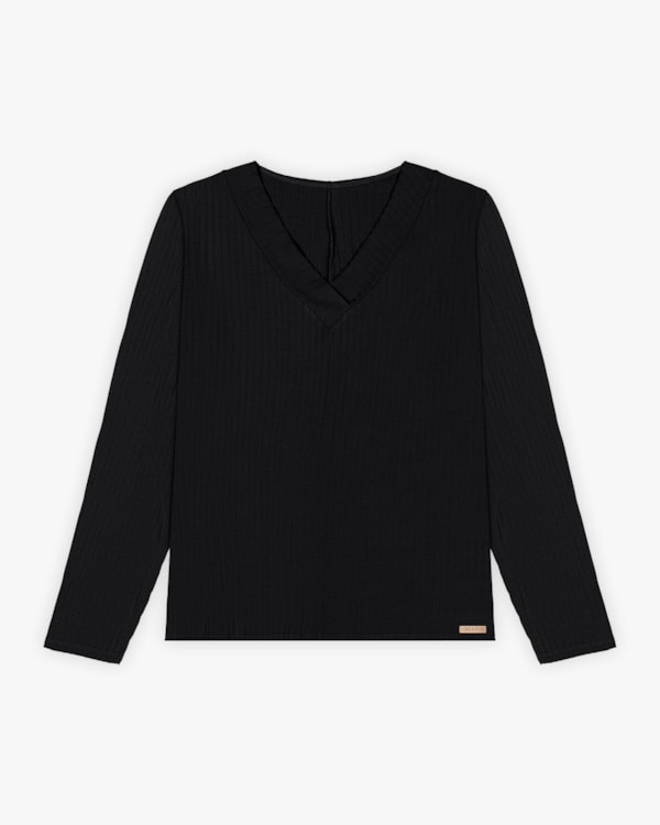 Blusa Plus Size Manga Longa Canelada com Decote V  - Cereja Rosa - Plus Size