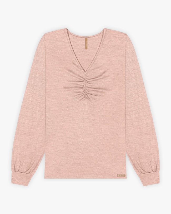 Blusa Plus Size Manga Longa com Decote Franzido - Cereja Rosa - Nude-07caf547-d6f5-4600-a9f3-8bdeaf106e12