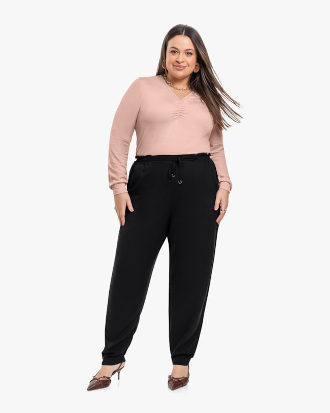 Blusa Plus Size Manga Longa com Decote Franzido - Cereja Rosa - Nude-71978ee5-6997-4fb6-82ef-bf0d16e9567a