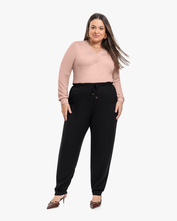 Blusa Plus Size Manga Longa com Decote Franzido - Cereja Rosa - Nude