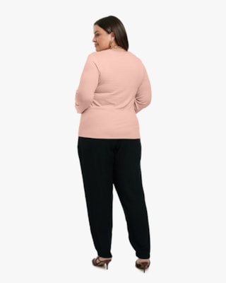 Blusa Plus Size Manga Longa com Decote Franzido - Cereja Rosa - Nude-G