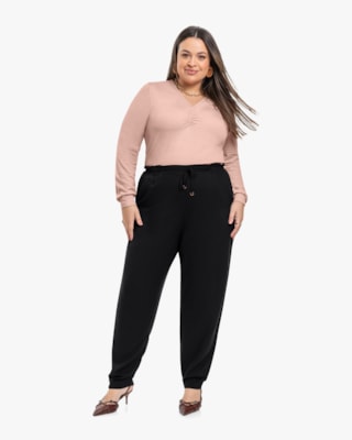 Blusa Plus Size Manga Longa com Decote Franzido - Cereja Rosa - Nude-G