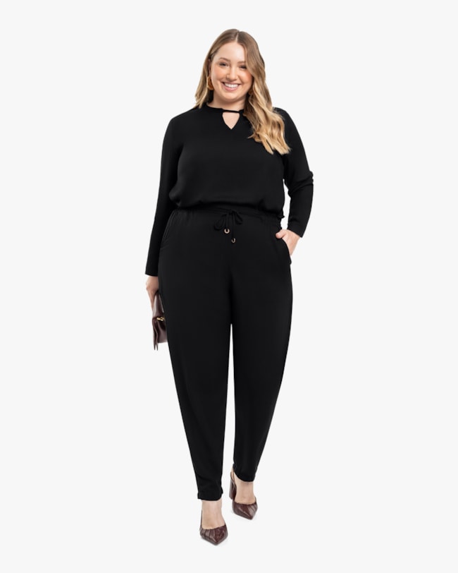 Blusa Plus Size Manga Longa com Decote Gota - Cereja Rosa - Preto-938222c1-ba8e-470e-b5e0-01881fad21d4