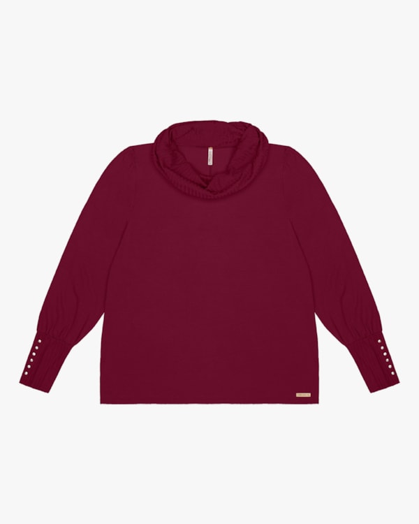 Blusa Plus Size Manga Longa com Gola Ampla Cereja Rosa Vinho