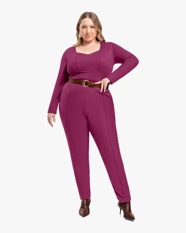 Blusa Plus Size Manga Longa em Viscose com Recorte - Cereja Rosa - Marsala