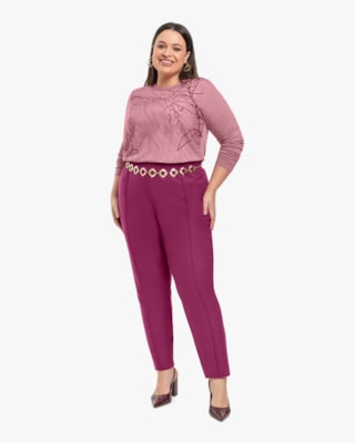 Blusa Plus Size Manga Longa Estampada - Cereja Rosa - New Rose-G