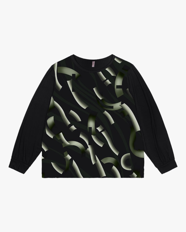 Blusa Plus Size Manga Longa Estampada Cereja Rosa Preto-56921495-1e81-4f28-8483-ff30286d3c41