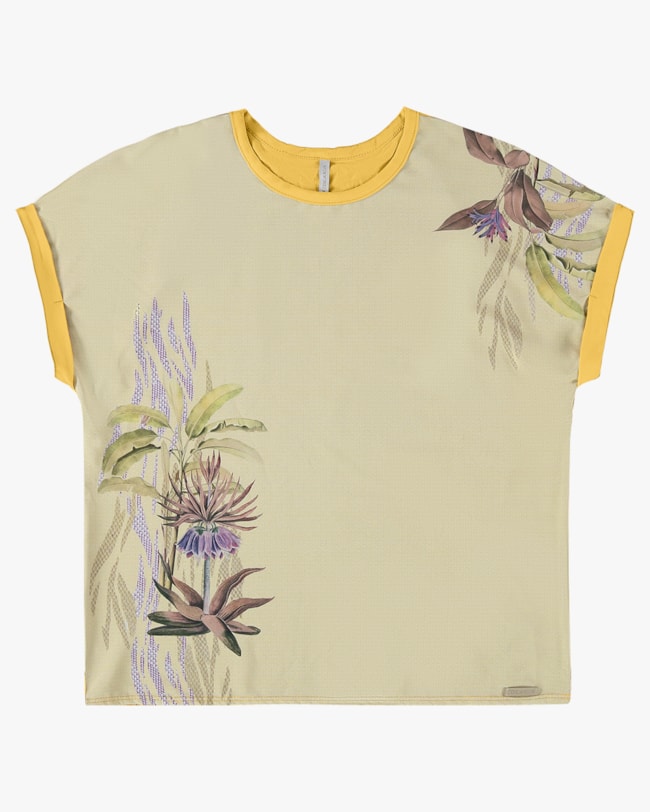 Blusa Viscose Crepe e Resort com Estampa Digital - Cereja Rosa - Mostarda P-b85ef086-1e20-4ba6-8757-e6ece453a90d