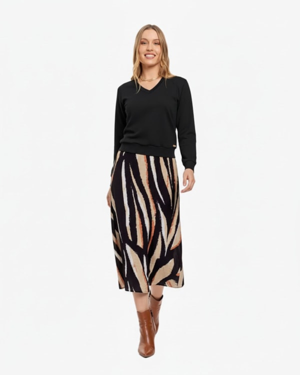 Blusão Feminino em Moletom com Decote V - Cereja Rosa - Preto