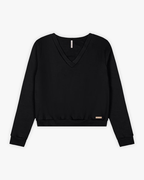 Blusão Feminino em Moletom com Decote V - Cereja Rosa - Preto