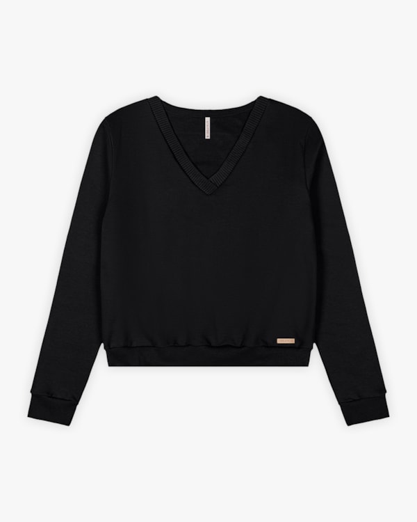 Blusão Feminino em Moletom com Decote V - Cereja Rosa - Preto