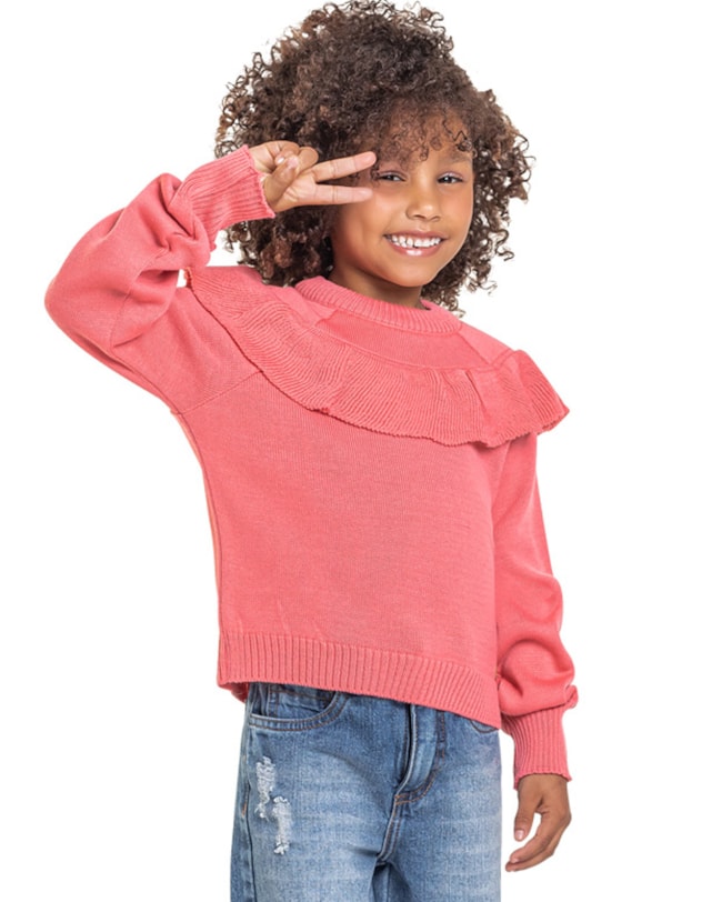 Blusão Infantil Menina em Tricô com Babados Kely Kety - Rosa-23dc29cc-a848-4cb4-ade2-6228df7c7273