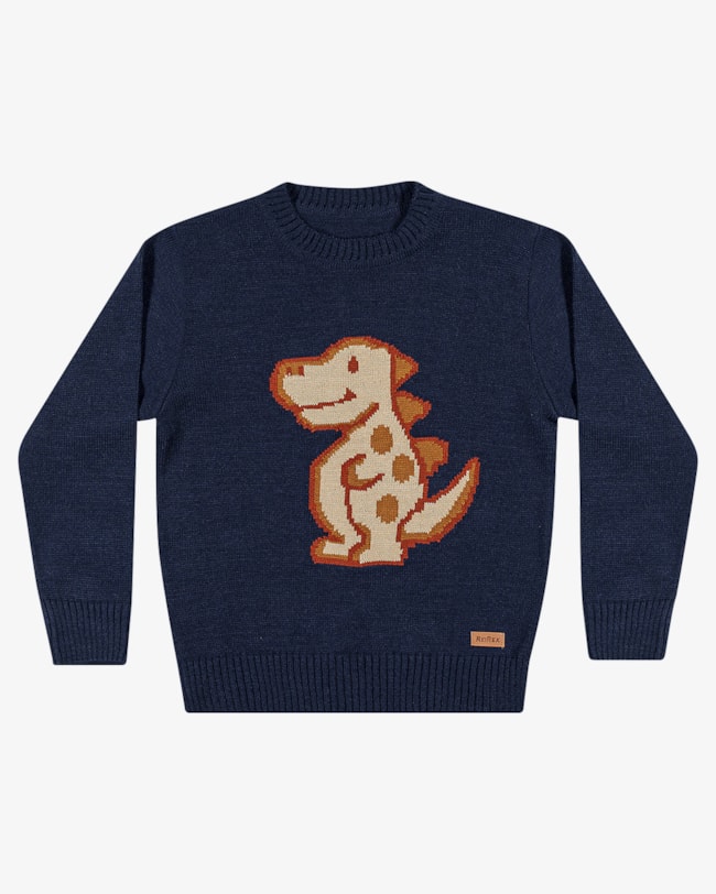 Blusão Infantil Menino em Tricô com Desenho Dino ReiRex- Azul-2c6f1d96-c6a2-44bf-be46-73549eeb6a10