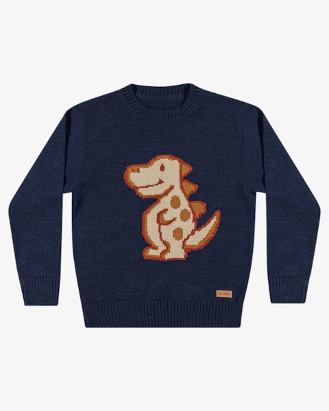 Blusão Infantil Menino em Tricô com Desenho Dino ReiRex- Azul