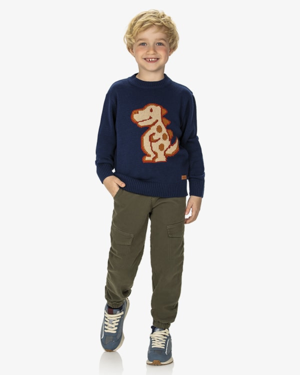 Blusão Infantil Menino em Tricô com Desenho Dino ReiRex- Azul
