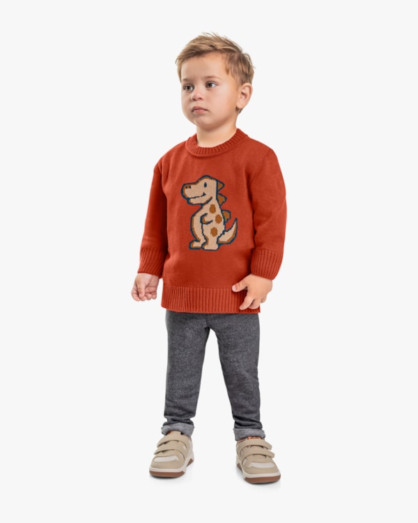 Blusão Infantil Menino em Tricô Estampa Dinossauro - ReiRex - Laranja