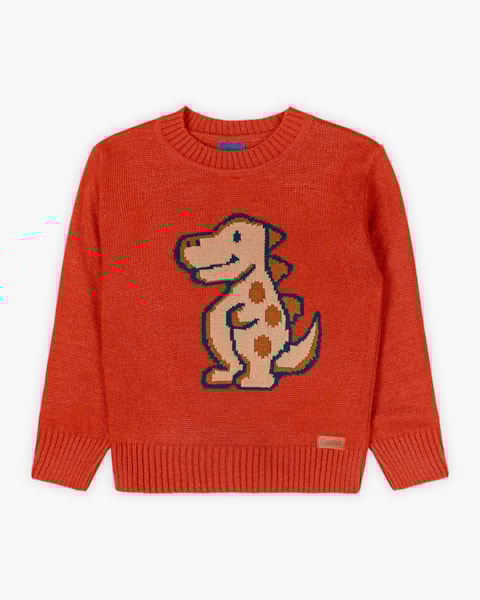 Blusão Infantil Menino em Tricô Estampa Dinossauro - ReiRex - Laranja
