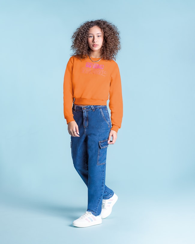 Blusão Juvenil Feminino com Frase Estampada BaseD - Apricot-7950d1a1-2dd1-4766-ba16-d6924939aa56