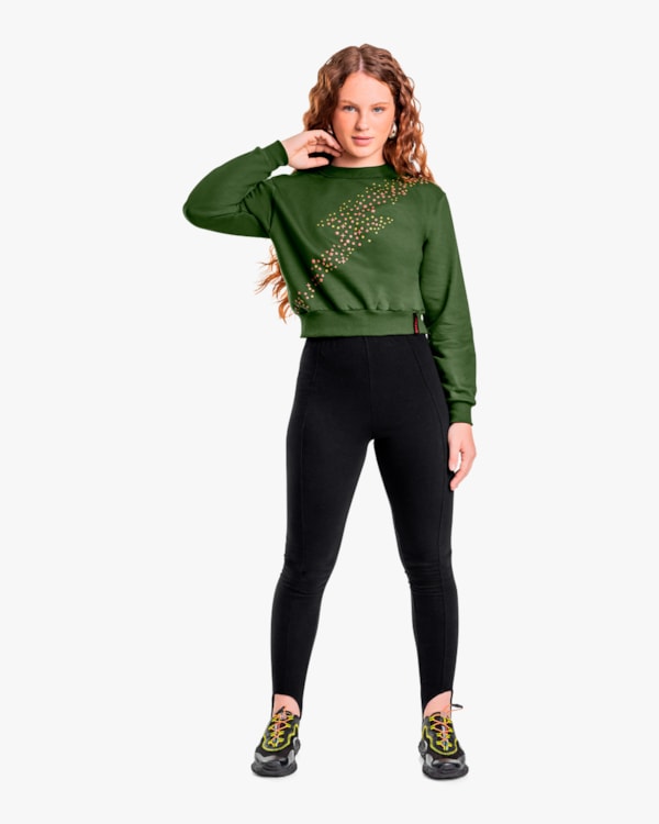Blusão Juvenil Feminino em Moletom com Estampa de Strass - BaseD - Militar