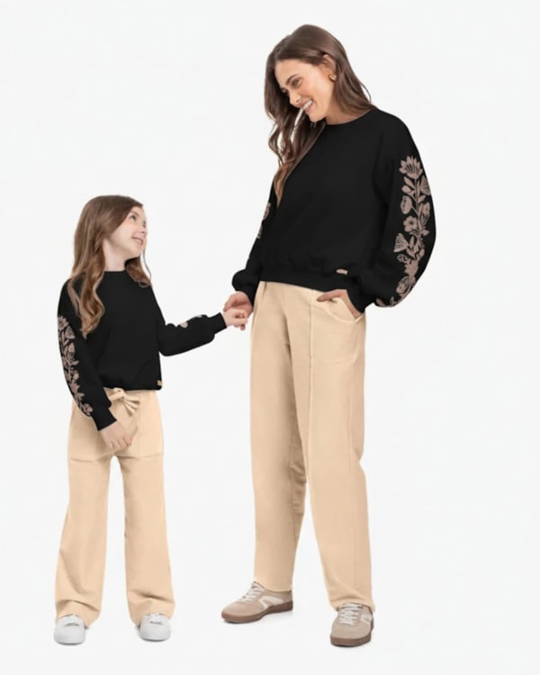 Blusão Moletom com Estampa Relevo Tal Mãe Tal Filha - Cereja Rosa - Preto